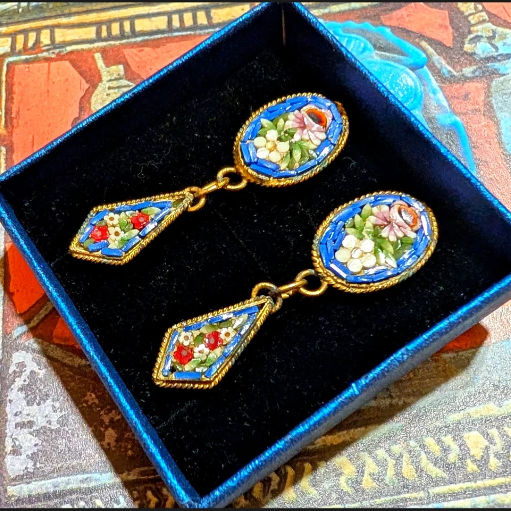 Antique Italian Micromosaic Dangle Earrings - Picture 4 of 6